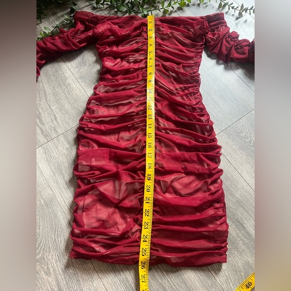 House of CB Fifi Wine Red Stretch Off the Shoulder Ruched Tulle Dress. Size XS - Picture 14 of 15